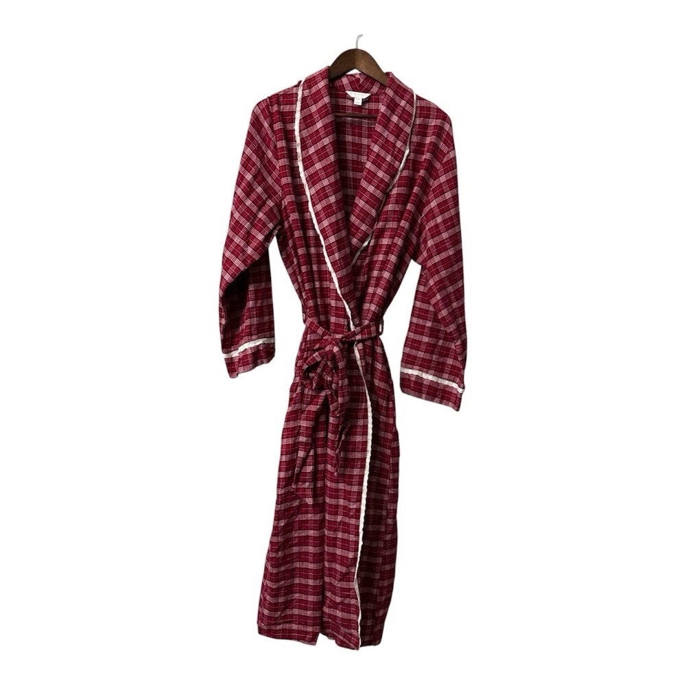 NEW Charter Club flannel robe women's XL XXL red plaid lace trim cottage cabin